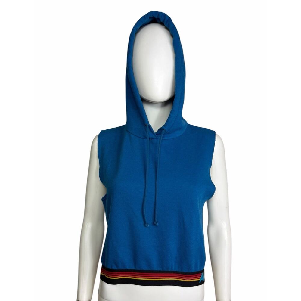 Aviator Nation Women's M Blue Logo Stripe Sleeveless Crop Pullover Hoodie EUC